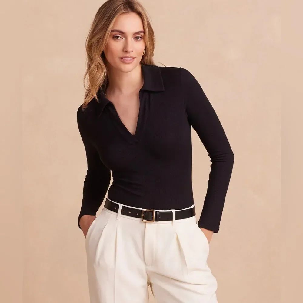 NWT Summersalt The Essential Long Sleeve Collared Bodysuit Black